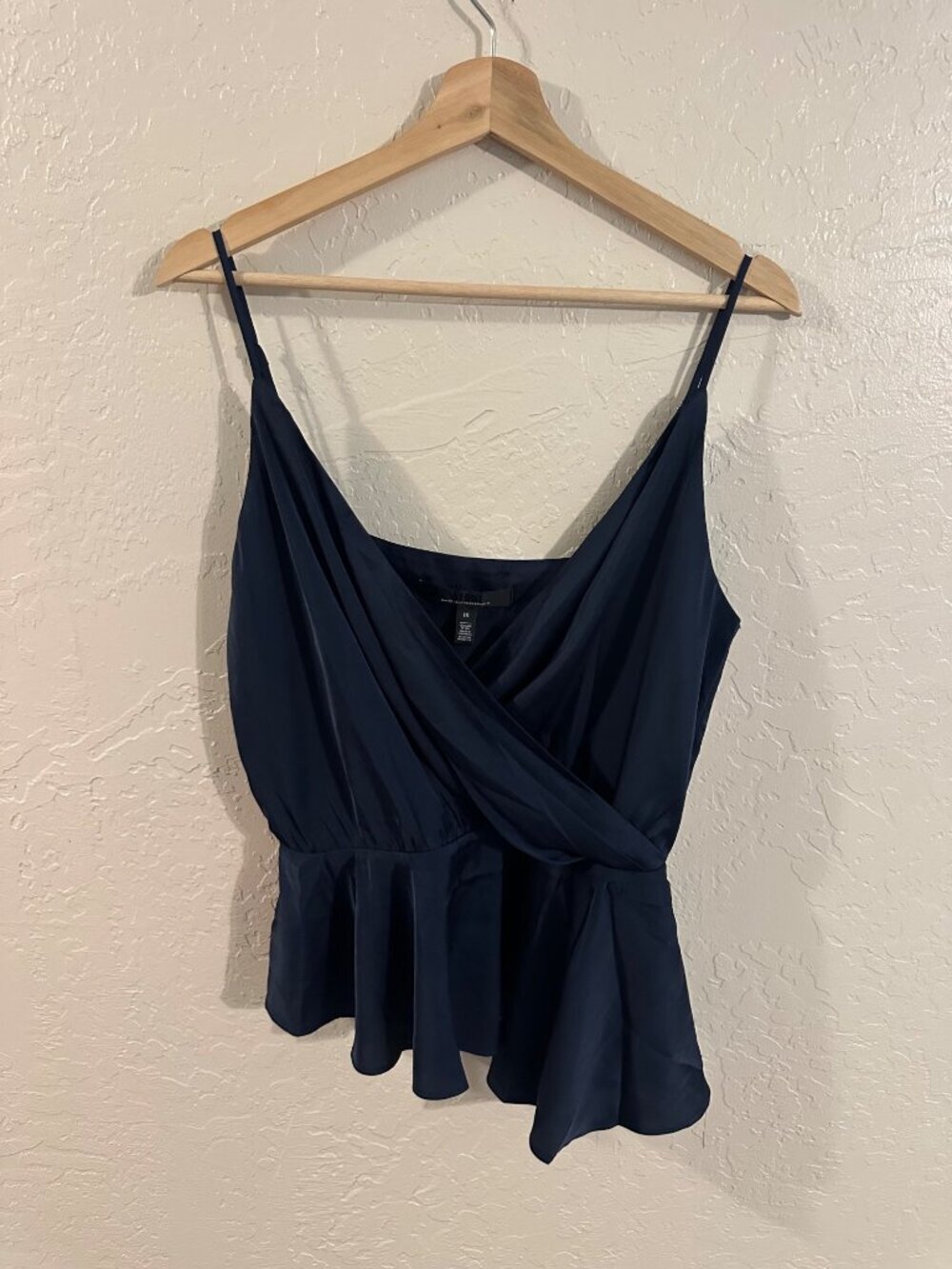 NWT WHBM Deep Blue Silky Sexy Asymmetrical Peplum Crossover Surplice Cami - Picture 2 of 9